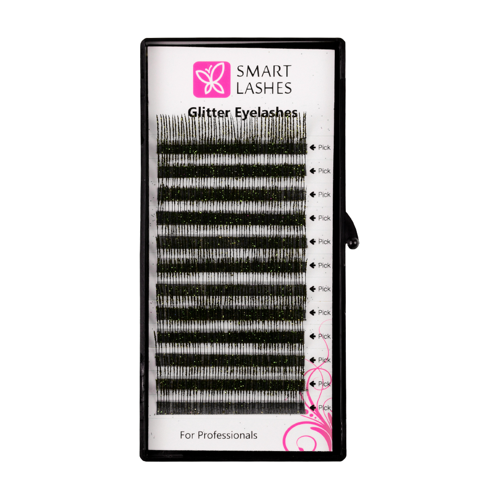 Ресницы c блёстками зелёные - C - 0,20 мм x 14 мм - 12 линий | Smart Lashes
